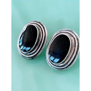 Vintage 925 Silver Black Onyx Oval Modernist Earrings